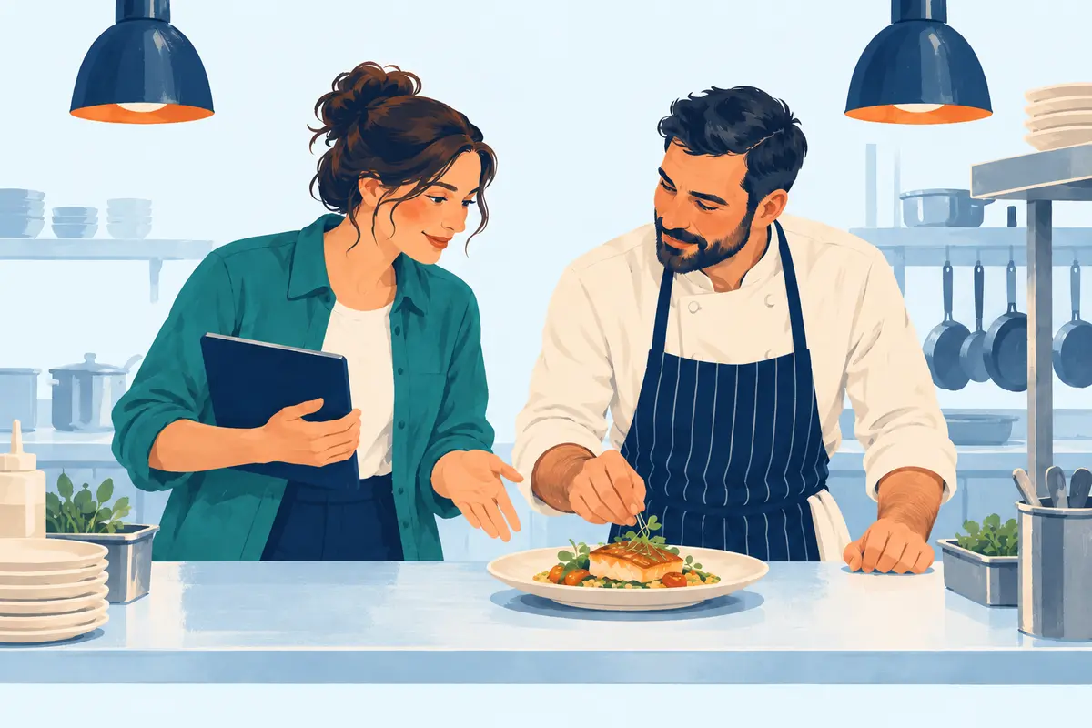 Illustration of a restaurant owner and chef reviewing feedback together beside a plated dish