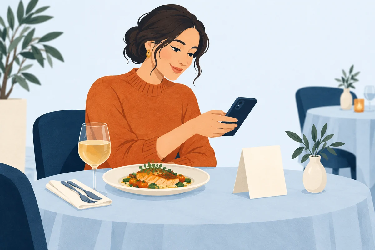 Illustration of a diner scanning a tabletop card beside their meal