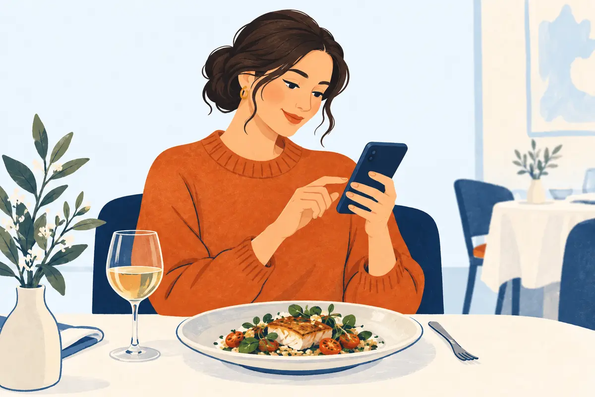 Illustration of a diner thoughtfully writing feedback on a phone